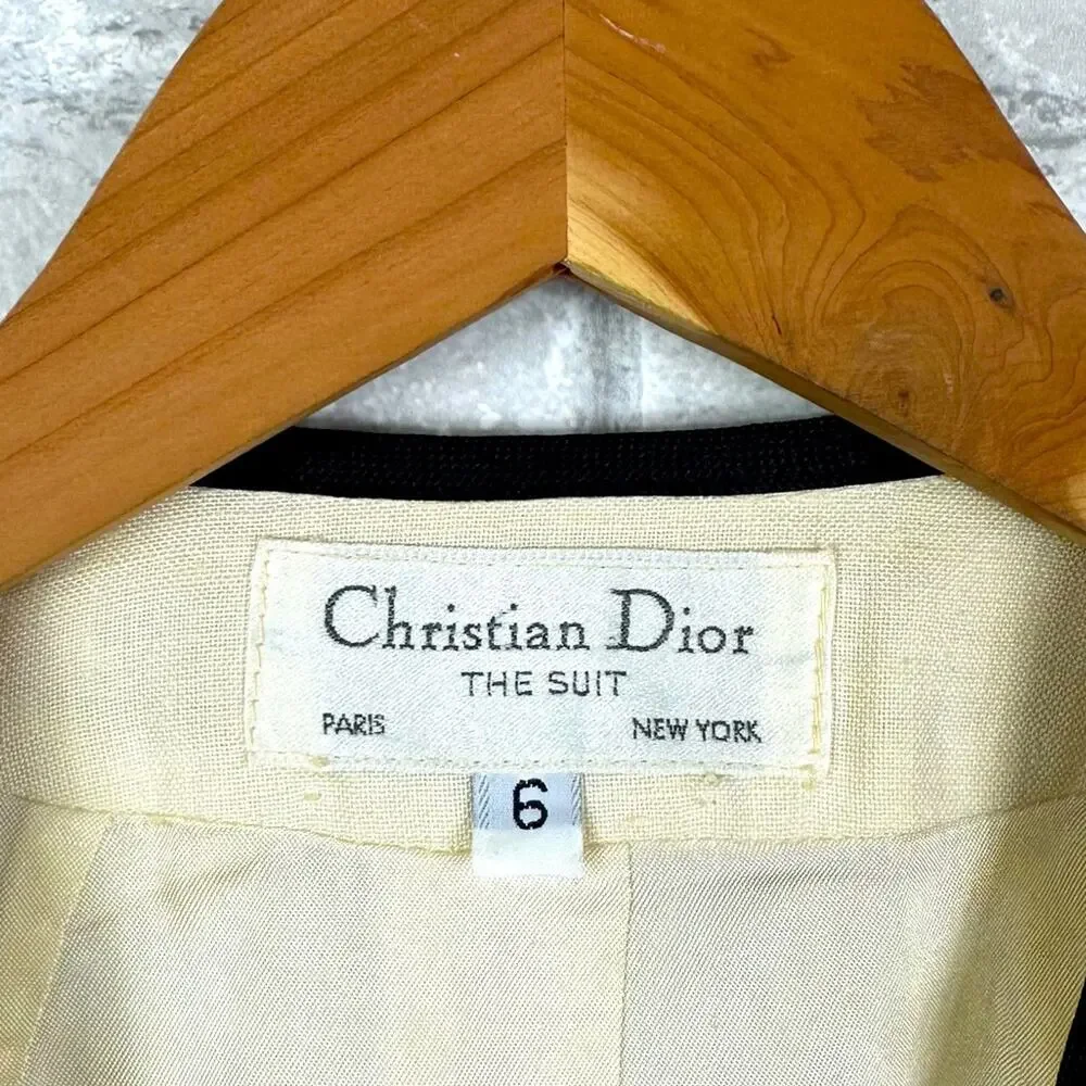 Vintage Christian Dior Linen Blend Jacket Size 6 Cream Black Red Classic Prep
